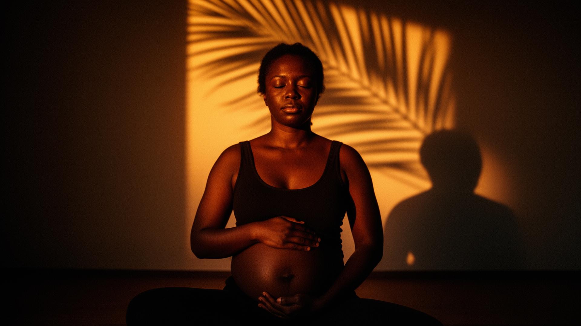 A Black woman in meditative seated pose, hands resting on her belly, warm amber light and palm shadows